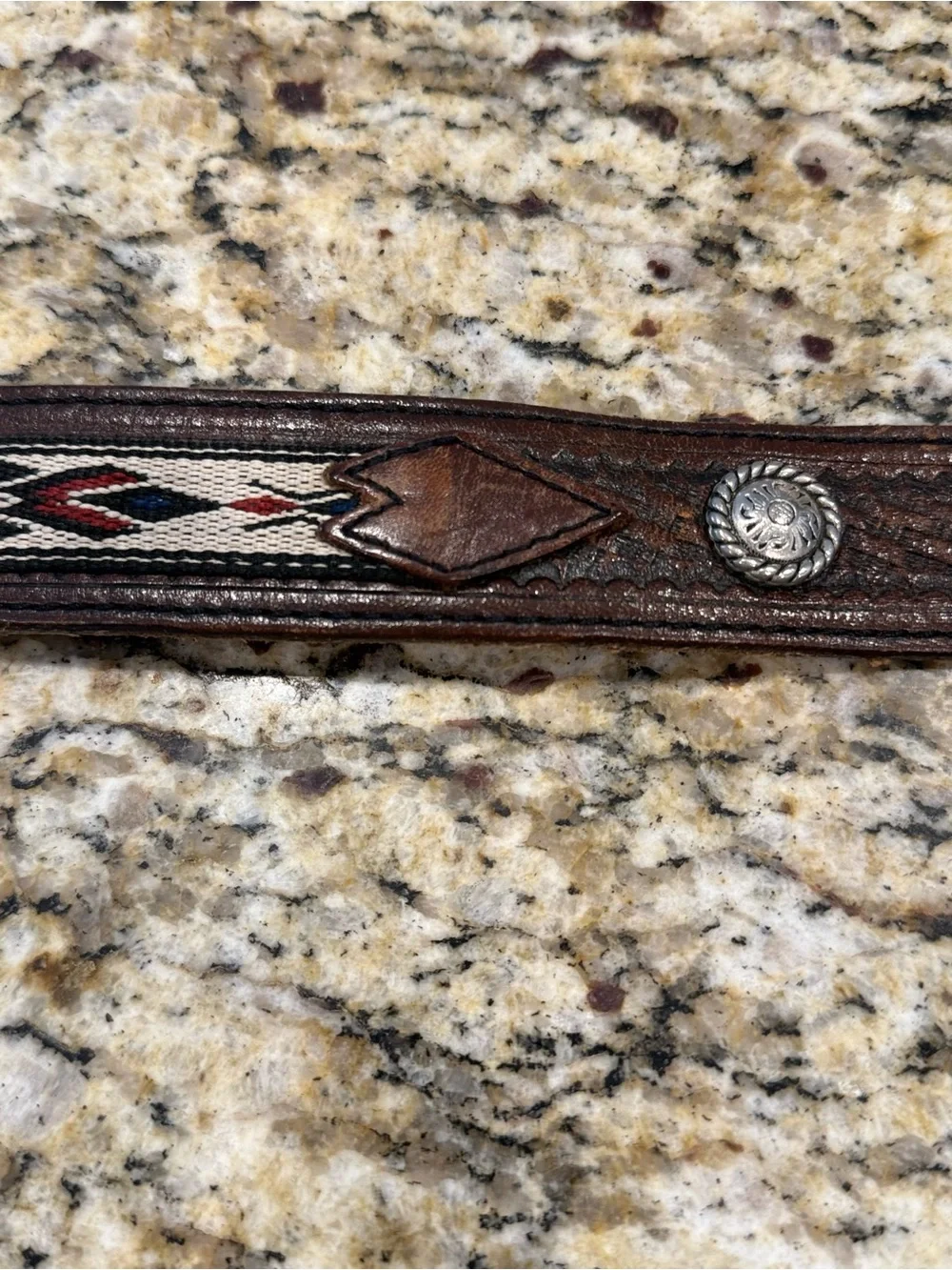 Western embroidered brown leather belt embossed silver decor 47”